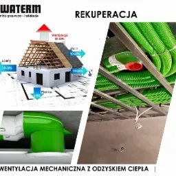 Wizualizacja strat ciepła z budynku mieszkalnego obok ujęcia instalacji wentylacyjnej z odzyskiem ciepła, widoczne zielone rury wentylacyjne pod sufitem oraz element centrali wentylacyjnej.