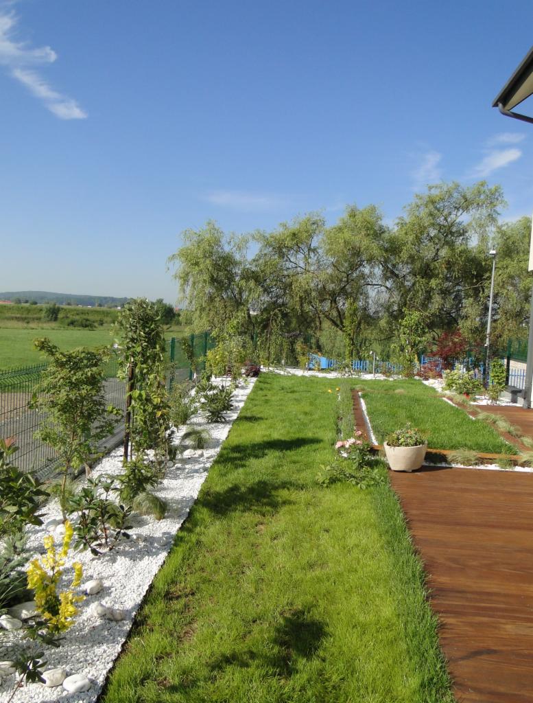 Widok na zadbany ogród z równo przystrzyżonym trawnikiem, obrzeżem z białych kamieni i nasadzeniami wzdłuż ogrodzenia, drewniany taras z donicą w prawym dolnym rogu, w tle zielone pola i błękitne...