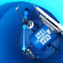 Wnętrze niebieskiego zbiornika z instalacją wodną, widoczny hydrofor z manometrem, rury PCV, drabina w tle.