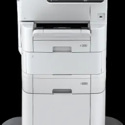 Nowoczesna, biała kserokopiarka wielkoformatowa marki Epson, z podajnikami na papier A3 i A4, widoczny panel sterowania z wyświetlaczem LCD, na czarnym tle.