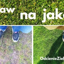 OdcienieZieleni.com - Grzegorz Zdzienicki - Trawa przed i po: fragment trawnika przed renowacją i po założeniu trawy z rolki. Ujęcie z góry, widoczne buty osoby stojącej na trawie. Napis 'Postaw na jakość'.