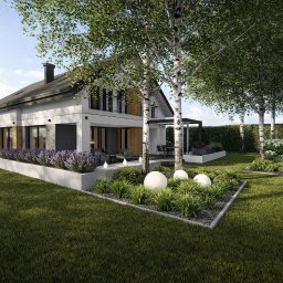 OdcienieZieleni.com - Grzegorz Zdzienicki - Wizualizacja ogrodu z nowoczesnym domem w tle. Widoczne rabaty z lawendą, trawnik, drzewa (brzozy), oświetlenie ogrodowe w formie kul. Całość w jasnej, słonecznej tonacji.