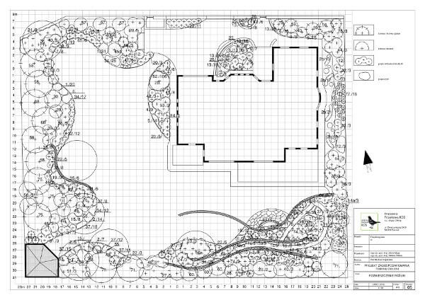 Schematyczny projekt ogrodu z zaznaczonym układem roślinności, ścieżek i elementów architektonicznych na tle siatki kartograficznej.