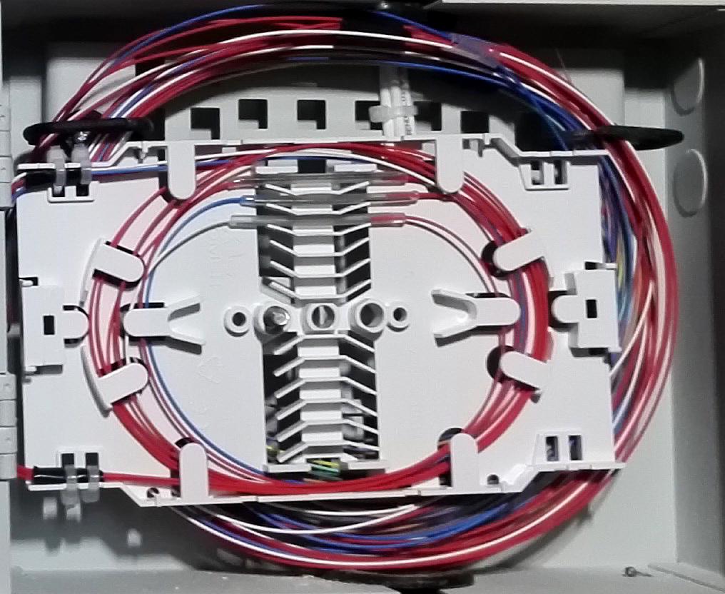 Rozdzielnica światłowodowa z uporządkowanymi kablami w kolorach czerwonym i niebieskim, widoczne złącza i prowadnice kablowe w białej obudowie.