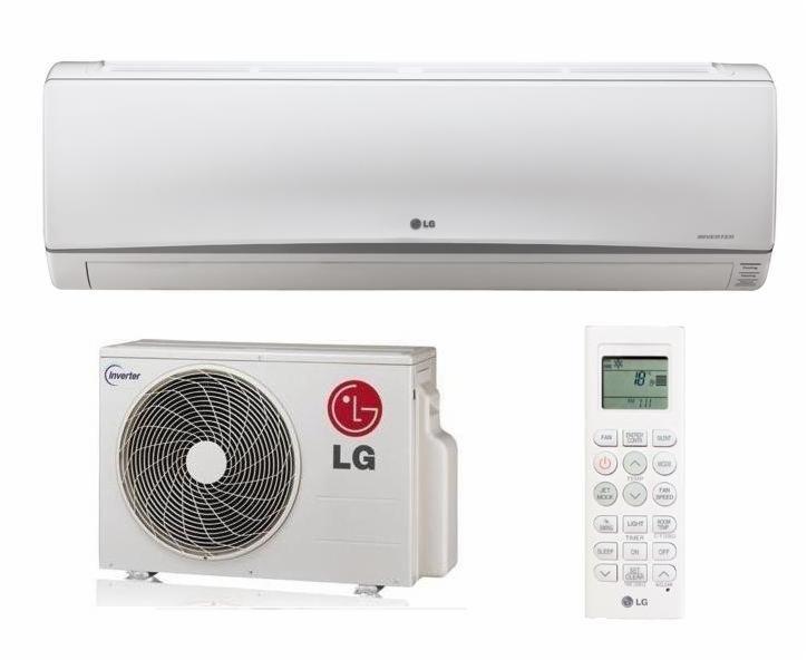 Klimatyzator LG P12RK Standard INVERTER V na białym tle, widok z przodu jednostki wewnętrznej, zewnętrznej oraz pilota.