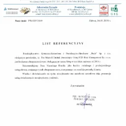 Skan listu referencyjnego wystawionego przez Przedsiębiorstwo Górniczo-Budowlane i Produkcyjno-Handlowe 'Poch' Sp. z o.o. dla brokera ubezpieczeniowego PDF Risk Management Sp. z o.o.