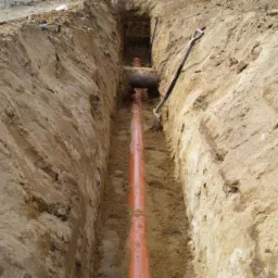 Pomarańczowa rura ułożona w głębokim wykopie ziemnym, widoczna łopata oparta o ścianę wykopu, w tle inne rury.