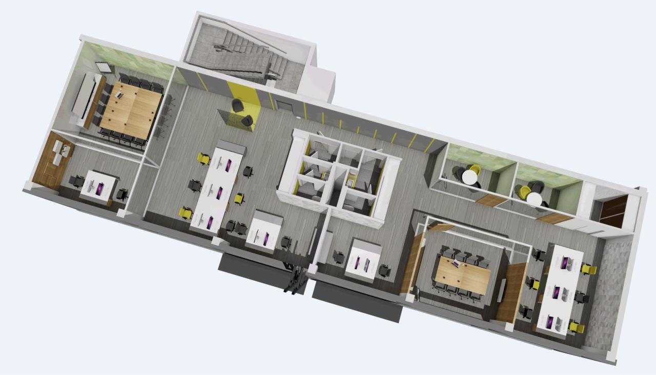 Rzut z góry na biuro z otwartą przestrzenią, salami konferencyjnymi i recepcją, w szaro-żółtej kolorystyce, z widocznymi biurkami, krzesłami i schodami.