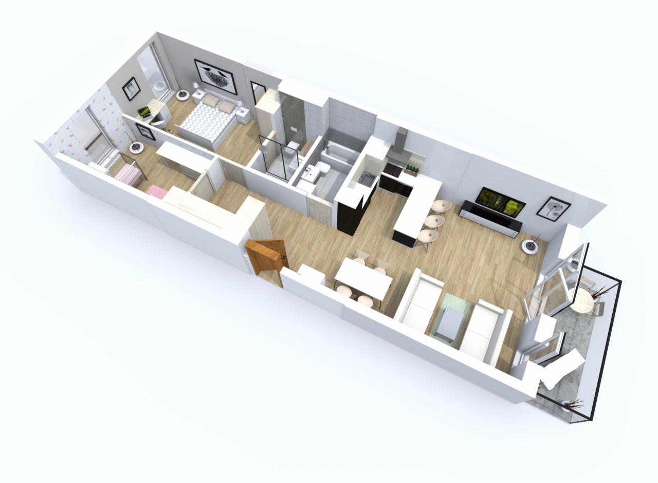 Rzut 3D mieszkania z widokiem z góry, ukazujący rozkład pomieszczeń: sypialnie, łazienkę, kuchnię z barkiem, salon z balkonem i meblami.