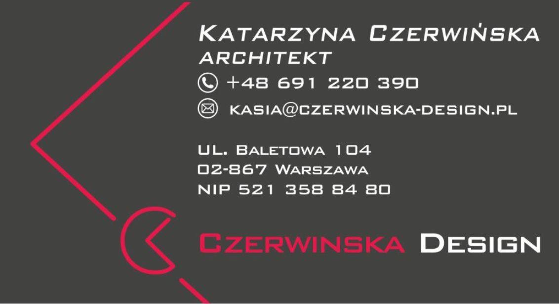 Wizytówka Katarzyny Czerwińskiej, architekt, z danymi kontaktowymi: numer telefonu, adres e-mail, adres siedziby i NIP, z elementami graficznymi w kolorze czerwonym.