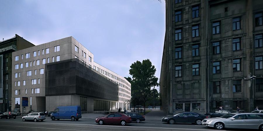 Wizualizacja budynku biurowego z elementami ażurowymi, prezentowana z perspektywy ulicy, z widocznymi samochodami i fragmentem starego budynku w tle.