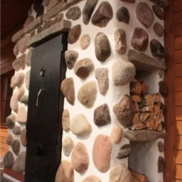 Oryginalny kominek zewnętrzny z kamienia polnego i cegły, z czarnymi drzwiczkami i wnęką na drewno, widoczny z bliska, w ciepłym oświetleniu.