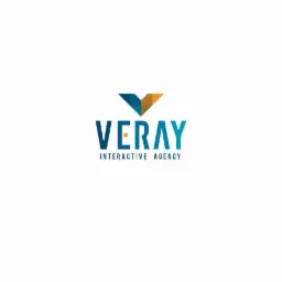 Logo firmy Veray Interactive Agency w odcieniach niebieskiego i pomarańczowego, z geometrycznym symbolem nad nazwą, na białym tle.