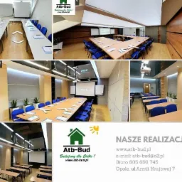 Zdjęcia z realizacji wykończenia wnętrza sali konferencyjnej z długimi stołami, niebieskimi krzesłami i projektorem, prezentowane w formie kolażu.