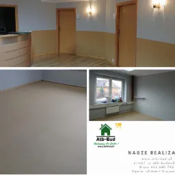 Wnętrze biurowe z jasną wykładziną podłogową, widok z różnych perspektyw, obejmujący recepcję z drewnianym frontem, korytarz z drewnianymi drzwiami i ścianami w dwóch odcieniach oraz pokój z oknem...