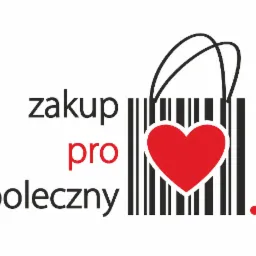 Grafika wektorowa przedstawiająca logo 'Zakup pro społeczny.pl' z elementami torby na zakupy w formie kodu kreskowego i czerwonym sercem.
