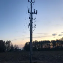 Słup betonowy wysokiego napięcia z przewodami na tle pola i lasu o zmierzchu, widoczne zabezpieczenia i izolatory.