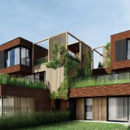 Wizualizacja nowoczesnego, trzypiętrowego domu z cegły z zielonym dachem i drewnianymi elementami elewacji, porośniętego pnączami, z widocznym trawnikiem i drzewami w tle.