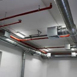Srebrne, spiralne kanały wentylacyjne i czerwone rury przeciwpożarowe zamontowane pod białym sufitem w pomieszczeniu. Widoczne metalowe kratki wentylacyjne i oświetlenie jarzeniowe.