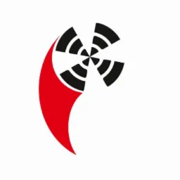 Stylizowany symbol wentylatora z czarnymi łopatkami i czerwonym elementem w kształcie płomienia, na białym tle.