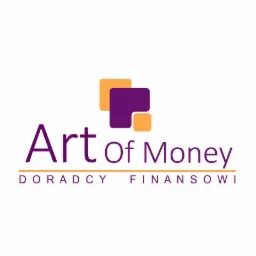 Logo firmy Art Of Money, doradcy finansowi, fioletowy napis z pomarańczowo-fioletowym symbolem kwadratów na białym tle.