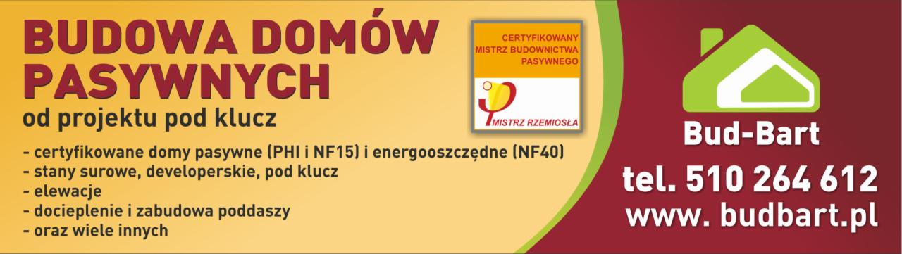 Baner firmy Bud-Bart oferującej budowę domów pasywnych od projektu po klucz, certyfikowanych i energooszczędnych. Zawiera logo, telefon kontaktowy i adres strony internetowej.