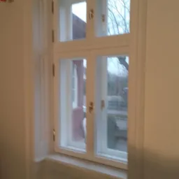 Białe, drewniane okno z podziałem na sześć szyb, widok na zewnątrz z drzewami i budynkiem w tle, złote okucia.