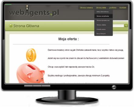 Ekran monitora wyświetlający stronę internetową z menu rozwijanym 'Strony www' i tekstem 'Moja oferta' oraz grafiką świnki skarbonki z monetą, sugerującą oszczędność i profesjonalne projekty.