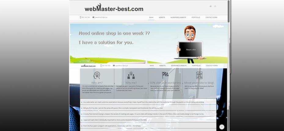Strona internetowa webMaster-best.com z kreskówkową postacią trzymającą laptop z napisem 'Yours site', oferująca szybkie stworzenie sklepu internetowego.