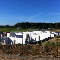 Białe ściany fundamentowe domu w trakcie budowy, widoczne zbrojenia, ziemia, w tle zieleń i błękitne niebo. Ujęcie z poziomu gruntu.