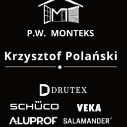 Czarne tło z białym logo firmy P.W. MONTEKS Krzysztof Polański, poniżej logotypy DRUTEX, SCHÜCO, VEKA, ALUPROF i SALAMANDER.