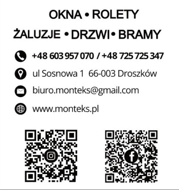 Wizytówka firmy Montek's z ofertą okien, rolet, żaluzji, drzwi i bram. Dane kontaktowe: numery telefonów, adres, e-mail, strona www oraz kody QR do mediów społecznościowych.