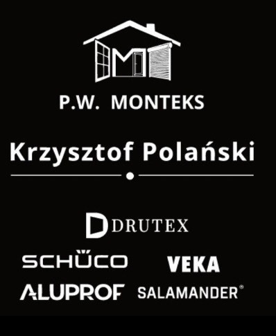 Czarne tło z białym logo firmy P.W. MONTEKS Krzysztof Polański, poniżej logotypy DRUTEX, SCHÜCO, VEKA, ALUPROF i SALAMANDER.