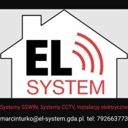 Logo firmy EL System w kształcie domu z trzema czerwonymi falami symbolizującymi sygnał, oferującej systemy SSWIN, CCTV i instalacje elektryczne, z adresem e-mail i numerem telefonu.