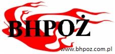 Graficzne logo firmy BHP-POŻ z czarnym napisem na czerwonym tle przypominającym płomienie i adres strony internetowej w dolnej części.