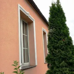 Fragment elewacji budynku z oknami w białych obramowaniach, obok wysoka tuja i brązowa rynna. Elewacja w odcieniach pomarańczu, z widoczną fakturą.