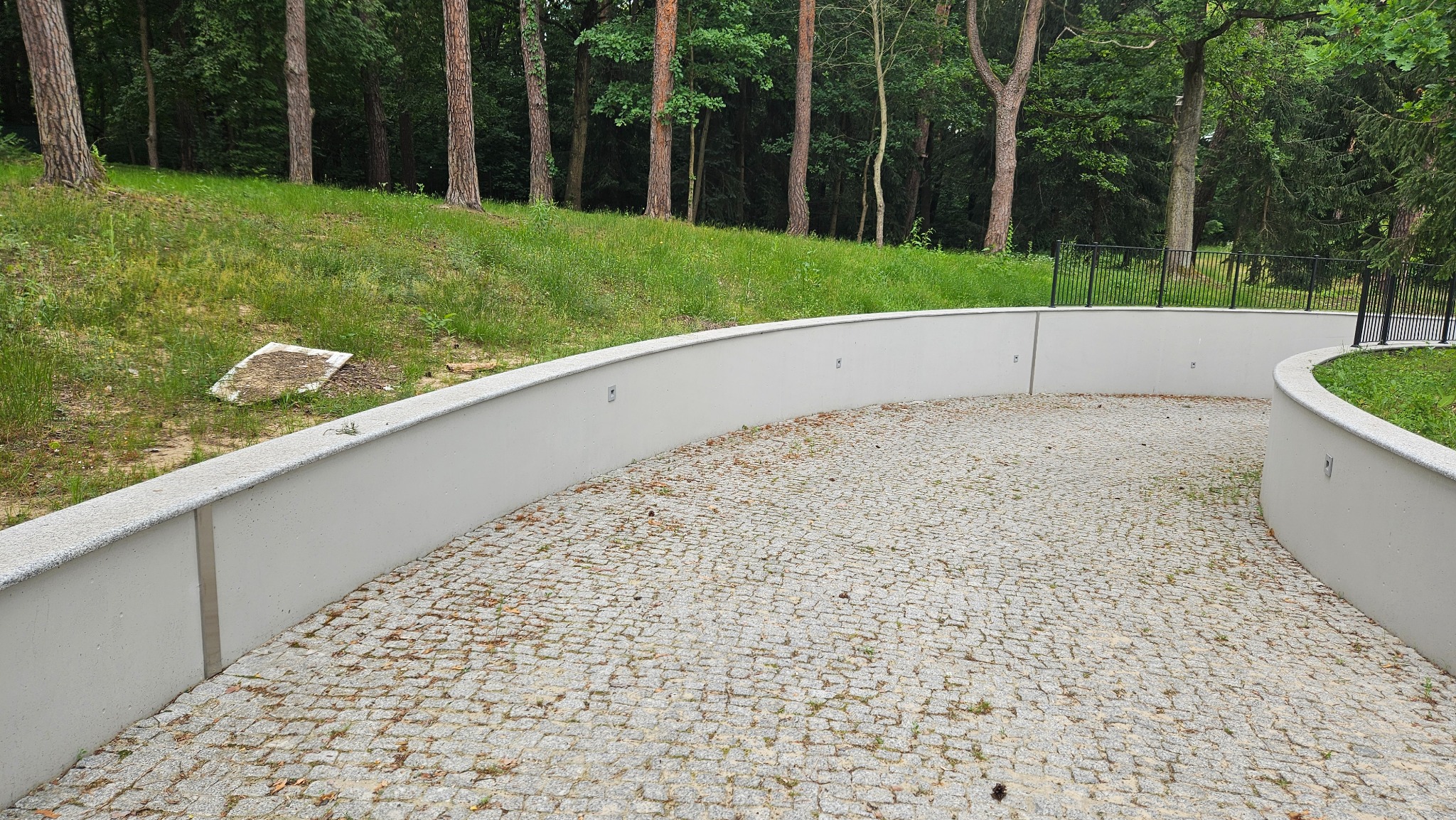 Zakrzywiony podjazd wyłożony kostką brukową, ograniczony niskim murem oporowym z oświetleniem, otoczony zielenią i drzewami.