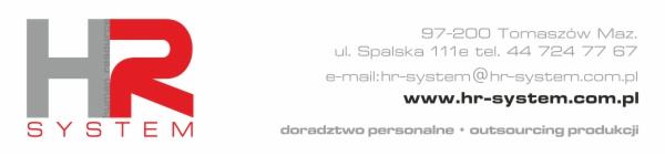Logo firmy HR SYSTEM z adresem, numerem telefonu, adresem e-mail i adresem strony internetowej oraz informacją o doradztwie personalnym i outsourcingu produkcji.