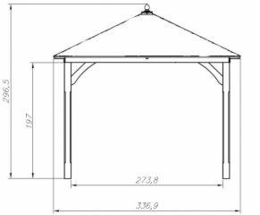Rysunek techniczny altany ogrodowej z podanymi wymiarami w milimetrach.