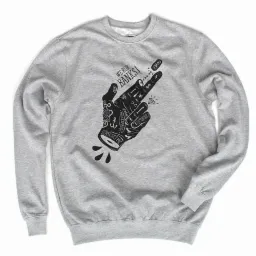 Szara bluza dresowa z czarnym nadrukiem stylizowanej dłoni z tatuażami i napisem 'WE ROB BANKS!'