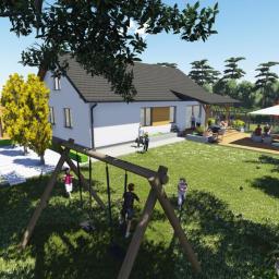 ML Archtektura Krajobrazu - Wizualizacja ogrodu z domem jednorodzinnym, placem zabaw z huśtawkami, drewnianym tarasem z pergolą i meblami ogrodowymi, oraz altaną z parasolem. Widoczne różnorodne nasadzenia roślinne, w tym...