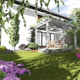 ML Archtektura Krajobrazu - Wizualizacja ogrodu z nowoczesnym domem, metalowa pergola nad tarasem, kwitnące krokusy na pierwszym planie, dziecko w tle.