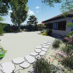 ML Archtektura Krajobrazu - Wizualizacja ogrodu przydomowego z białymi płytami ścieżkowymi prowadzącymi przez trawnik, różnorodne nasadzenia roślin, drzewa liściaste i iglaste w tle oraz budynek z ciemną stolarką okienną.