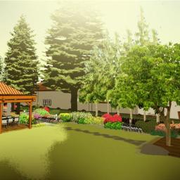 ML Archtektura Krajobrazu - Wizualizacja ogrodu z domem, tarasem z pergolą połączonym z jadalnią na świeżym powietrzu, hamakiem na podeście i rabatami kwiatowymi