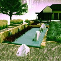 ML Archtektura Krajobrazu - Wizualizacja ogrodu w stylu japońskim z podłużnym stawem z kamieniami, trawnikiem, ozdobnymi trawami i nowoczesnym domem w tle.