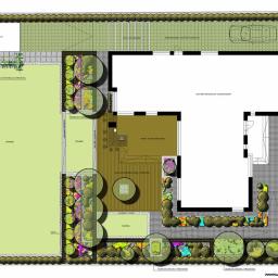 ML Archtektura Krajobrazu - Plan zagospodarowania ogrodu w Warszawie, widok z góry, ukazujący rozkład trawników, tarasu, altany, podjazdu i roślinności wokół domu.