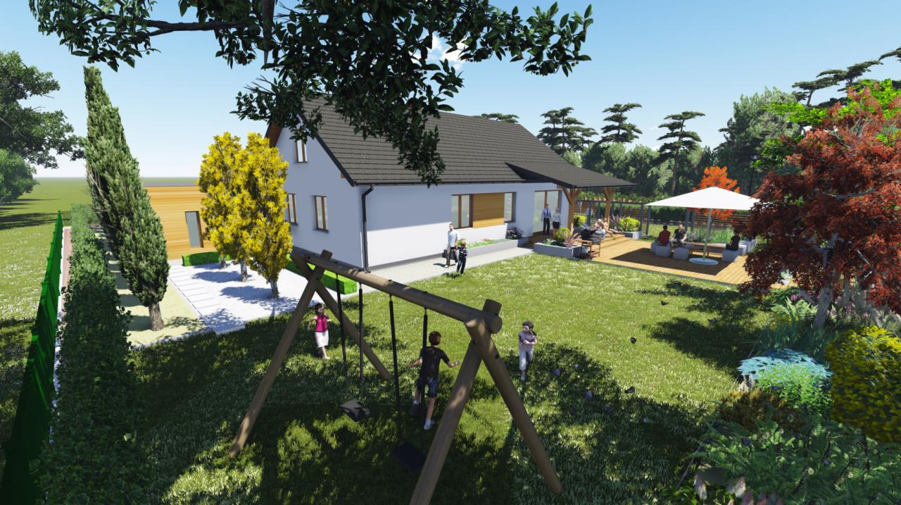 Wizualizacja ogrodu z domem jednorodzinnym, placem zabaw z huśtawkami, drewnianym tarasem z pergolą i meblami ogrodowymi, oraz altaną z parasolem. Widoczne różnorodne nasadzenia roślinne, w tym...