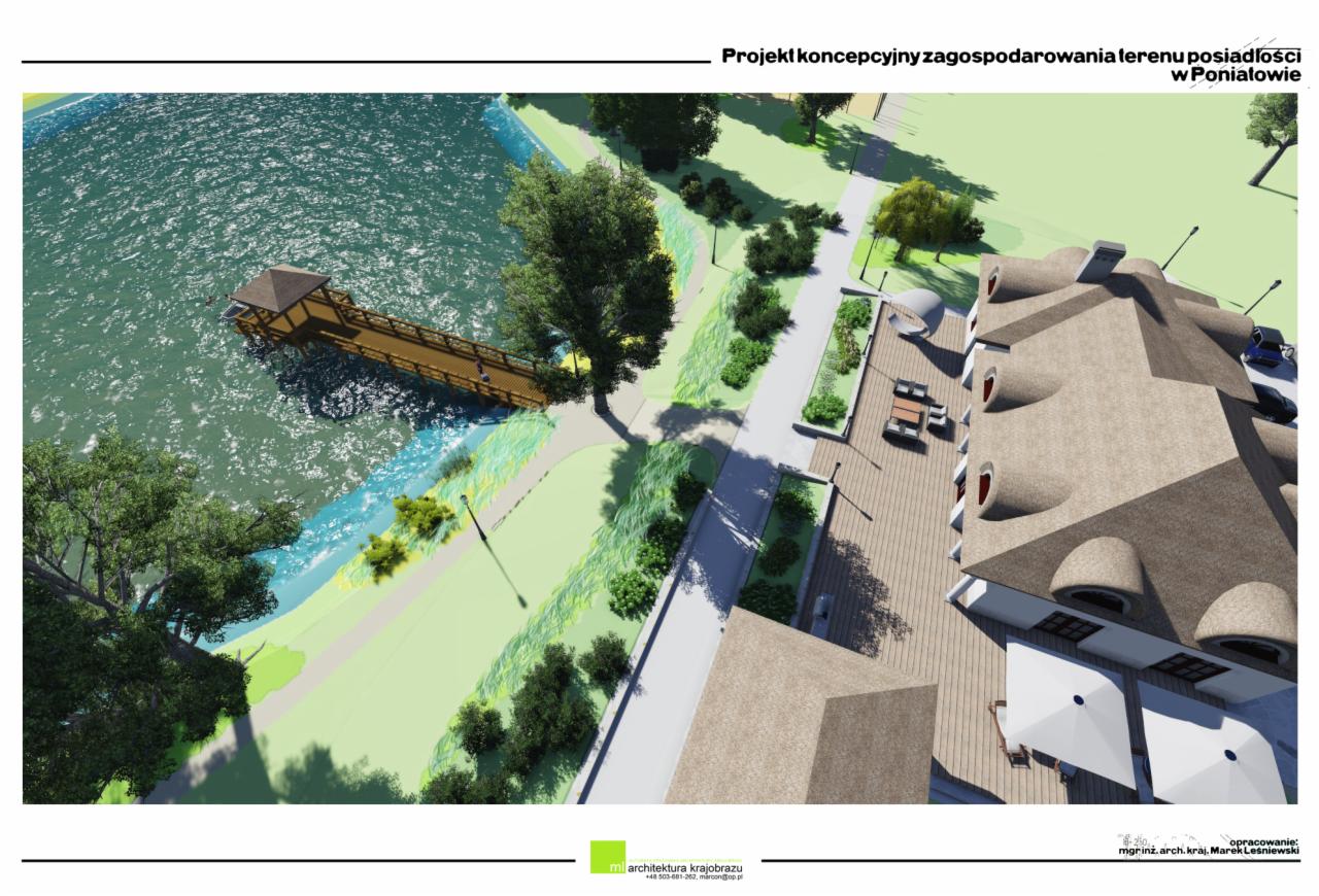 Wizualizacja koncepcyjna zagospodarowania terenu posiadłości w Poniatowie, widok z góry na drewniany pomost z altaną nad wodą, taras z meblami ogrodowymi i budynek z nietypowym dachem.