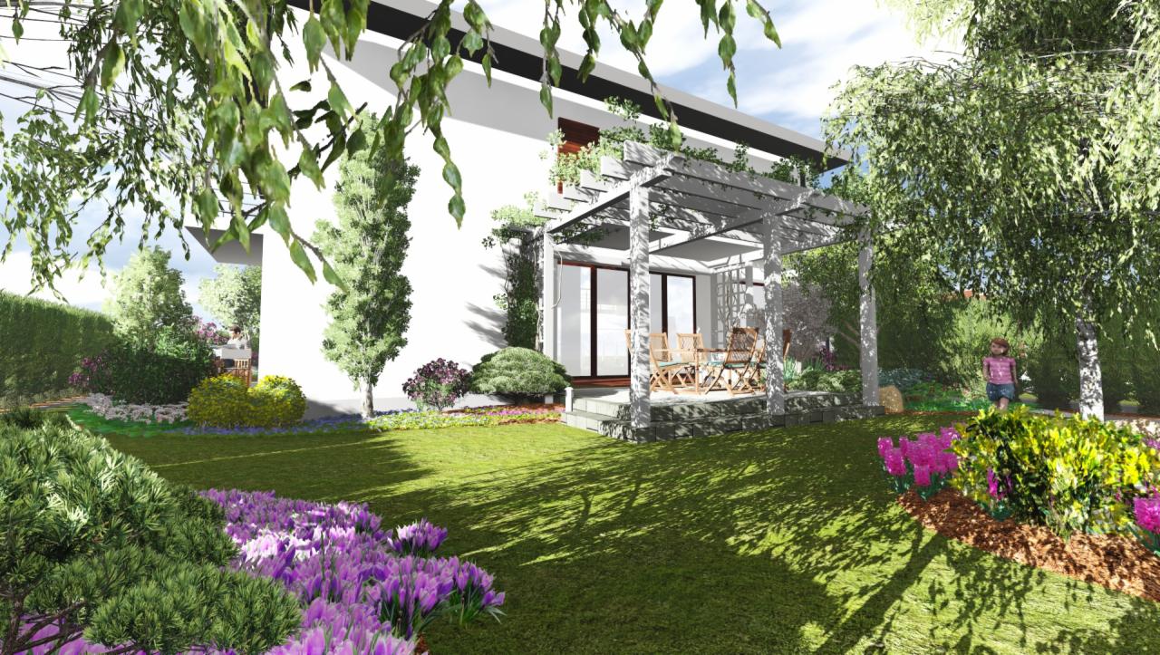 Wizualizacja ogrodu z nowoczesnym domem, metalowa pergola nad tarasem, kwitnące krokusy na pierwszym planie, dziecko w tle.