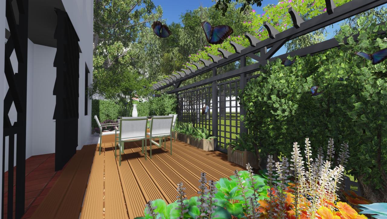 Wizualizacja drewnianego tarasu z czarną pergolą porośniętą zielenią, otoczonego bujną roślinnością i latającymi motylami, z widocznym zestawem mebli ogrodowych.